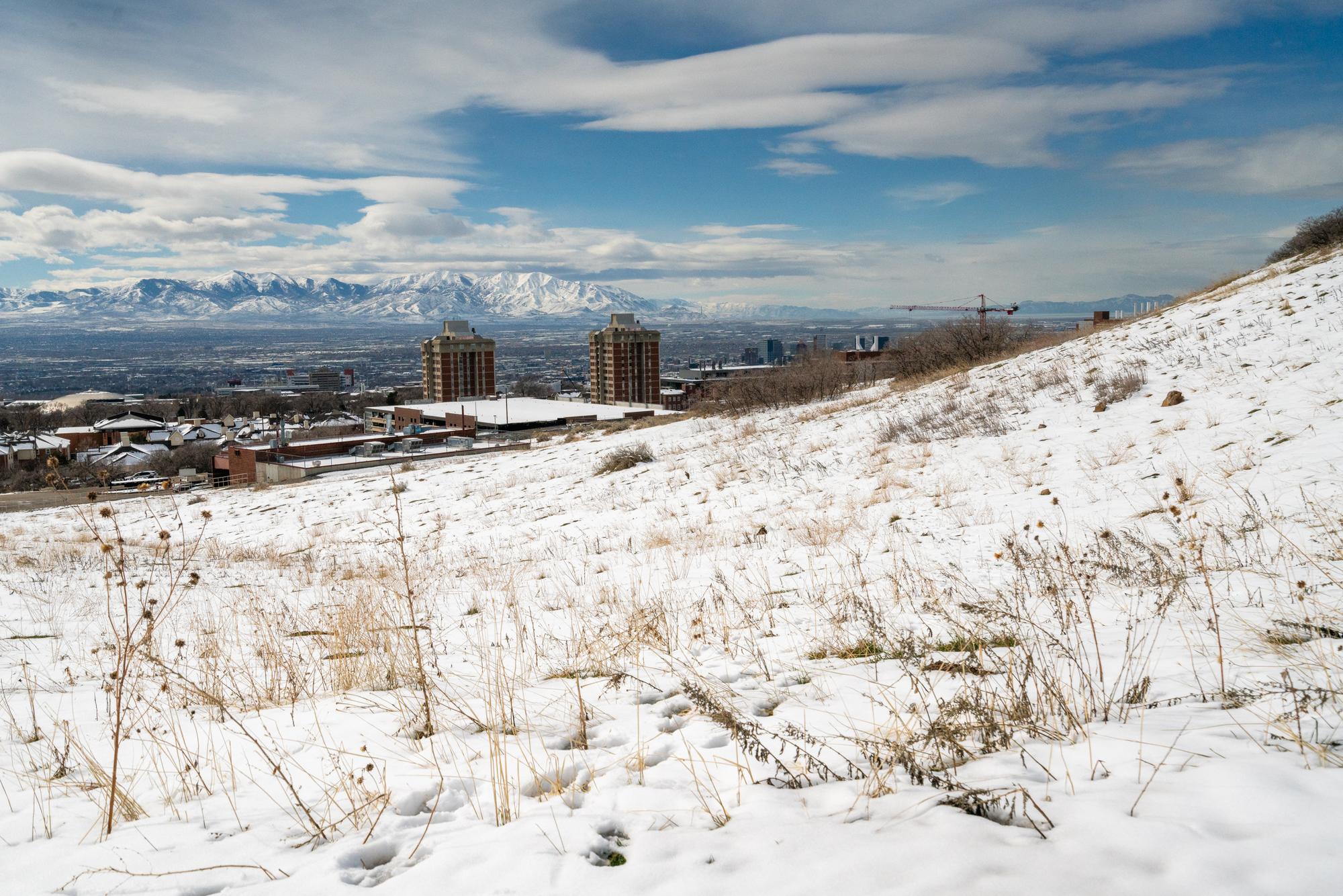 Field with snow and a view of Salt Lake Valley from the Bonneville Shoreline Trail