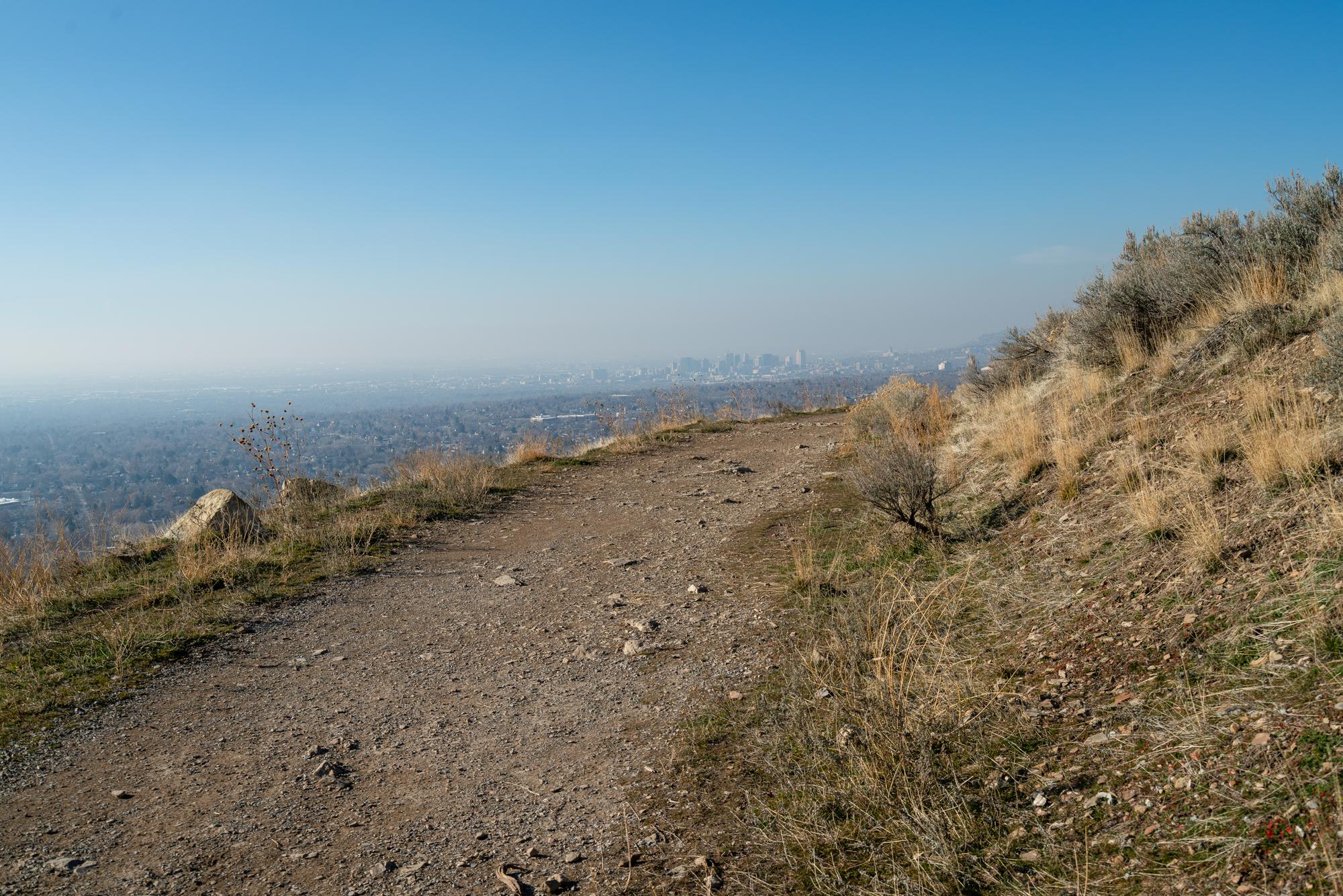 Beginning of Jack's Mountain trail with a view of Salt Lake Valley in the background.