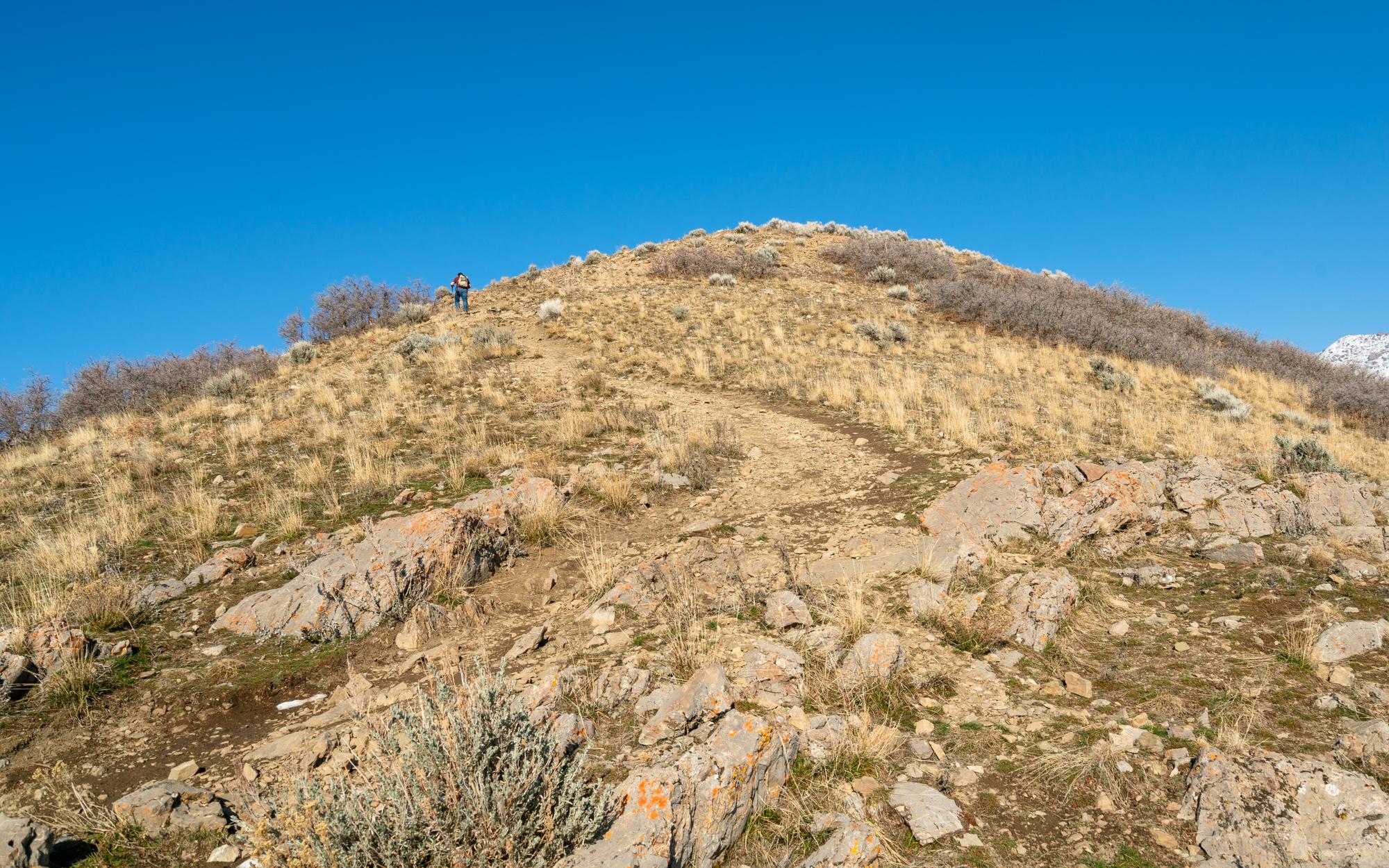 View of the final ascent of Jack's Mountain trail with a man hiking up a steep trail.